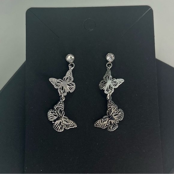 Butterfly Dangle Earrings w CZ Stone - Picture 2 of 2
